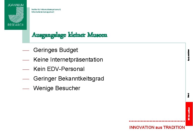 Institut für Informationssysteme & Informationsmanagement Ausgangslage kleiner Museen Stand: 04/06/2021 Geringes Budget Keine Internetpräsentation