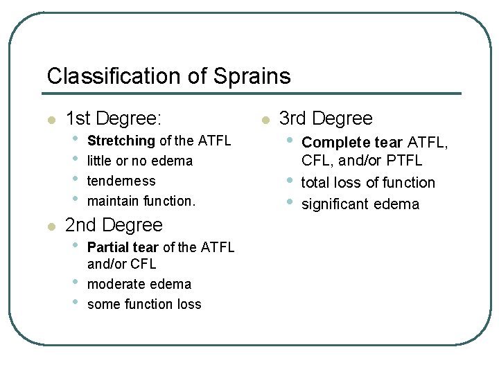 Classification of Sprains l l 1 st Degree: • • Stretching of the ATFL Classification of Sprains l l 1 st Degree: • • Stretching of the ATFL