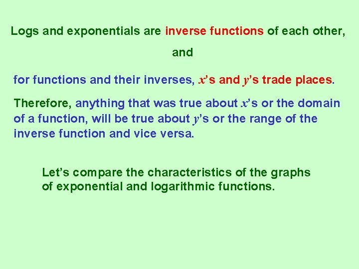 Logs and exponentials are inverse functions of each other, and for functions and their