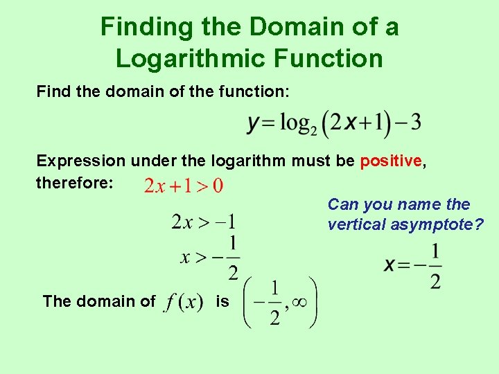 Finding the Domain of a Logarithmic Function Find the domain of the function: Expression