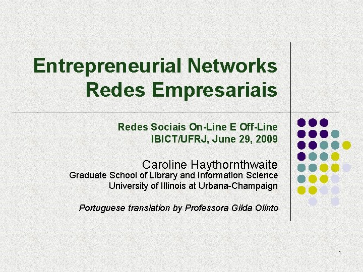 Entrepreneurial Networks Redes Empresariais Redes Sociais On-Line E Off-Line IBICT/UFRJ, June 29, 2009 Caroline