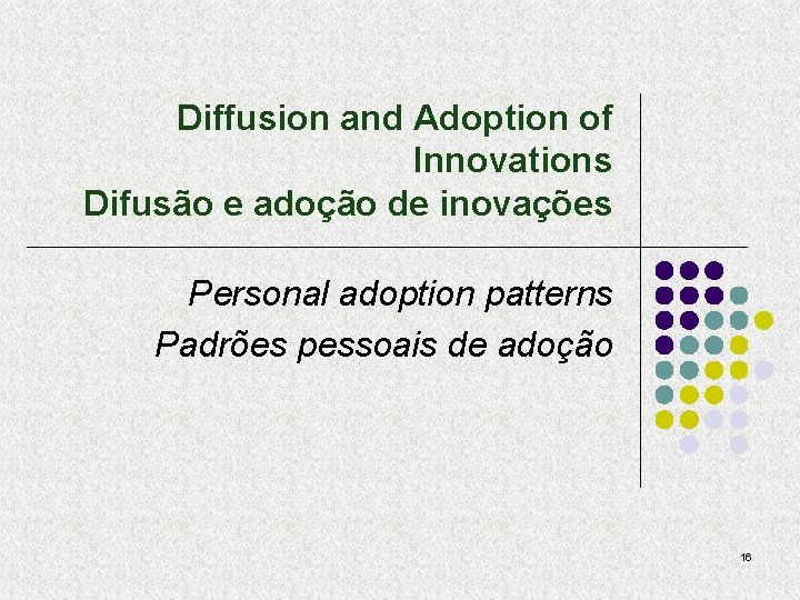 Diffusion and Adoption of Innovations Difusão e adoção de inovações Personal adoption patterns Padrões