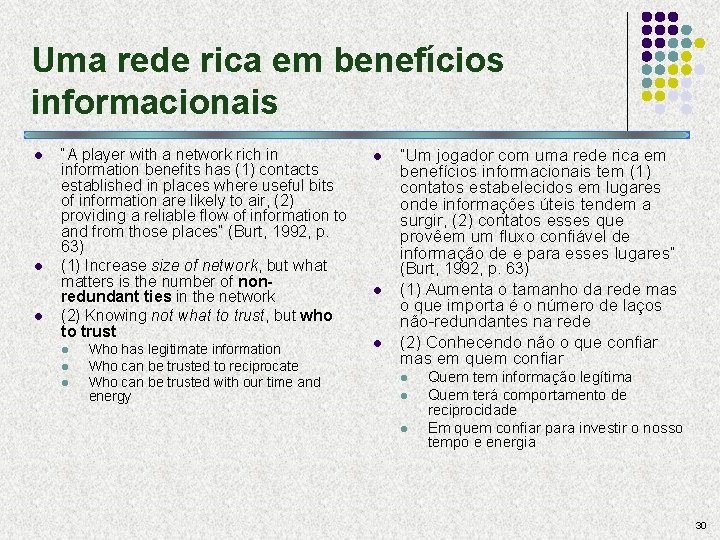 Uma rede rica em benefícios informacionais l l l “A player with a network