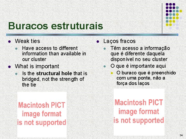 Buracos estruturais l Weak ties l l Have access to different information than available