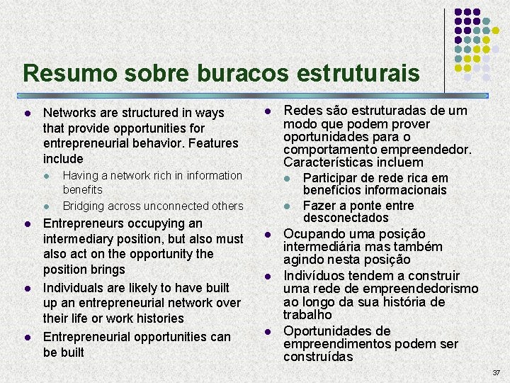 Resumo sobre buracos estruturais l Networks are structured in ways that provide opportunities for