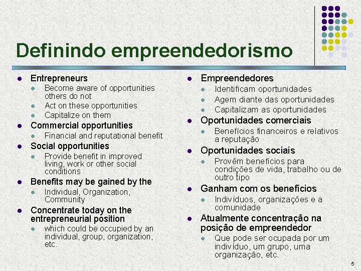 Definindo empreendedorismo l Entrepreneurs l l Commercial opportunities l l Benefits may be gained