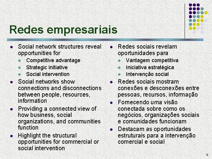 Redes empresariais l Social network structures reveal opportunities for l l l l Competitive