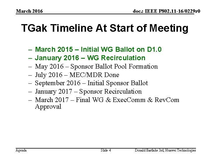 March 2016 doc. : IEEE P 802. 11 -16/0229 r 0 TGak Timeline At