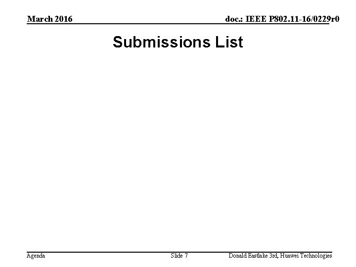 March 2016 doc. : IEEE P 802. 11 -16/0229 r 0 Submissions List Agenda