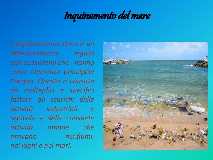 Inquinamento del mare L'inquinamento idrico è un deterioramento legato agli ecosistemi che hanno come