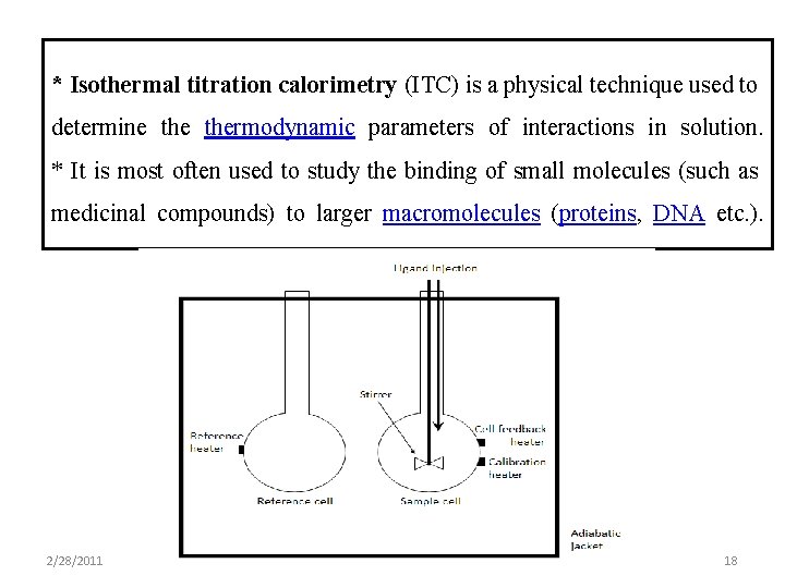 * Isothermal titration calorimetry (ITC) is a physical technique used to determine thermodynamic parameters