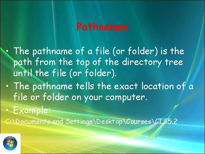 Pathnames • The pathname of a file (or folder) is the path from the