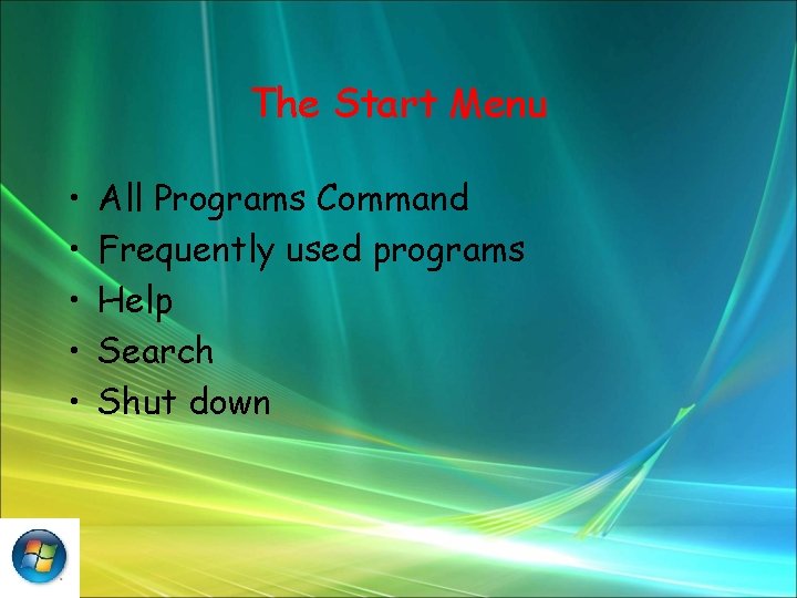 The Start Menu • • • All Programs Command Frequently used programs Help Search