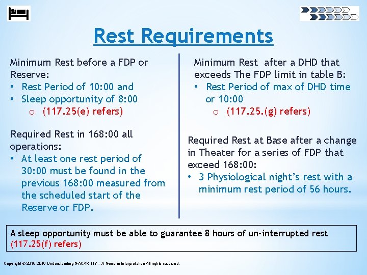 Rest Requirements Minimum Rest before a FDP or Reserve: • Rest Period of 10: