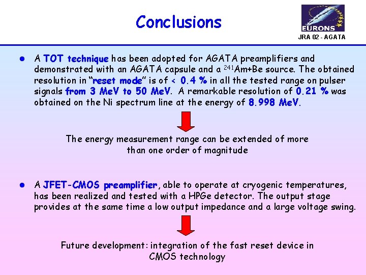 Conclusions JRA 02 - AGATA l A TOT technique has been adopted for AGATA