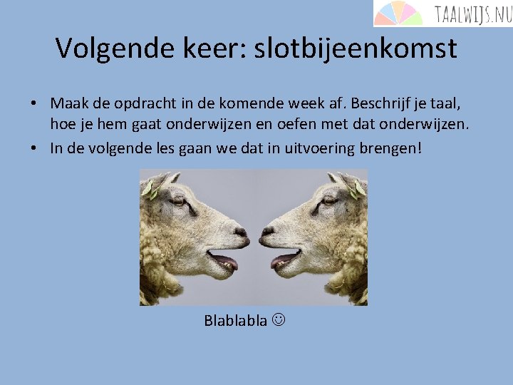 Volgende keer: slotbijeenkomst • Maak de opdracht in de komende week af. Beschrijf je