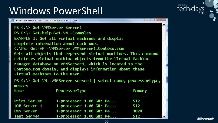 Windows Power. Shell PS C: > Get-VMMServer 1 PS C: > Get-help Get-VM –Examples