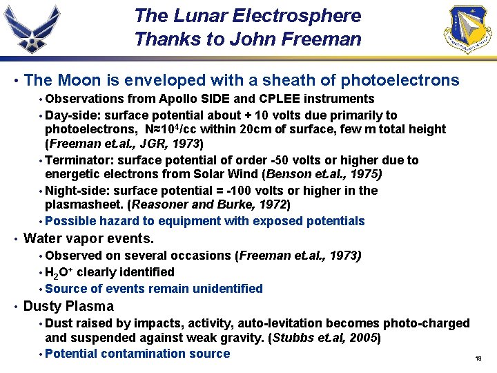 The Lunar Electrosphere Thanks to John Freeman • The Moon is enveloped with a