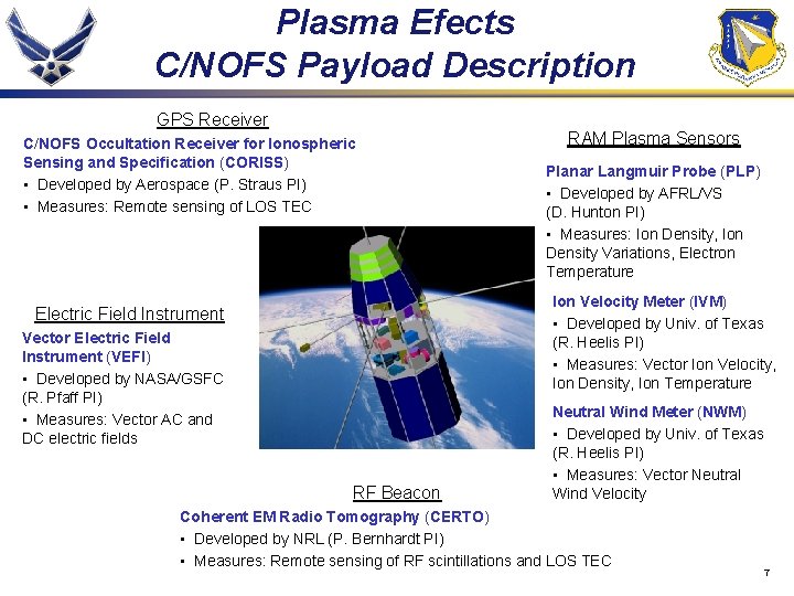 Plasma Efects C/NOFS Payload Description GPS Receiver C/NOFS Occultation Receiver for Ionospheric Sensing and