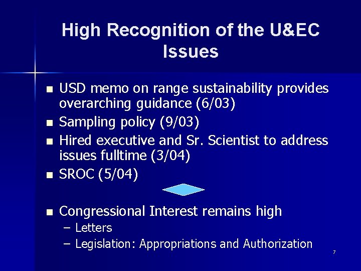 High Recognition of the U&EC Issues n USD memo on range sustainability provides overarching