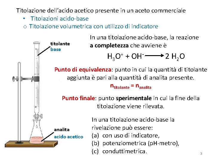 Titolazione dell’acido acetico presente in un aceto commerciale • Titolazioni acido-base o Titolazione volumetrica