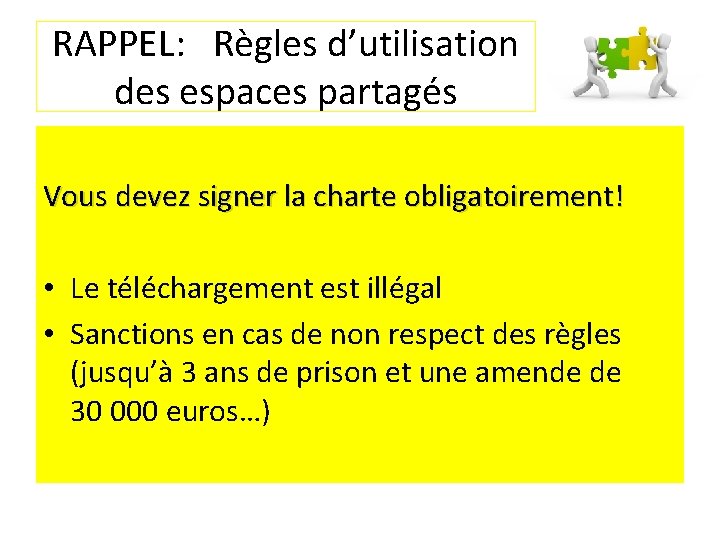 RAPPEL: Règles d’utilisation des espaces partagés Vous devez signer la charte obligatoirement! • Le