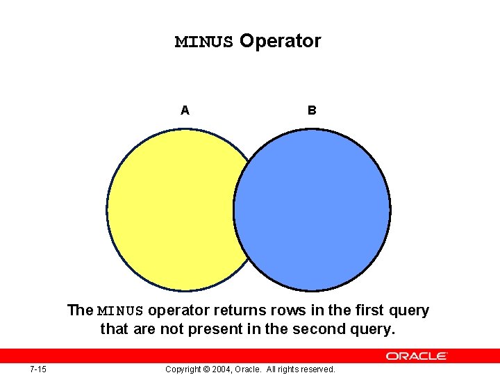 MINUS Operator A B The MINUS operator returns rows in the first query that MINUS Operator A B The MINUS operator returns rows in the first query that