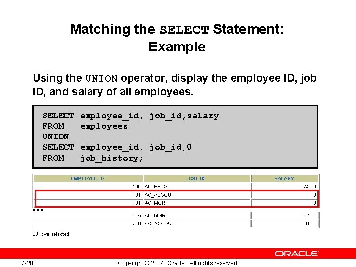 Matching the SELECT Statement: Example Using the UNION operator, display the employee ID, job Matching the SELECT Statement: Example Using the UNION operator, display the employee ID, job