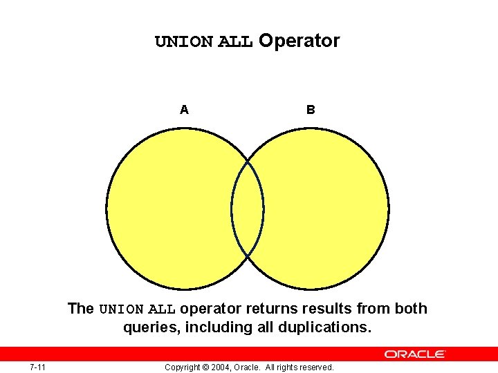 UNION ALL Operator A B The UNION ALL operator returns results from both queries, UNION ALL Operator A B The UNION ALL operator returns results from both queries,