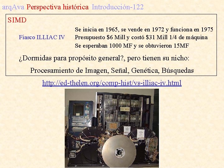 arq. Ava Perspectiva histórica Introducción-122 SIMD Fiasco ILLIAC IV Se inicia en 1965, se