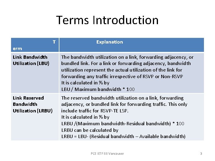 Terms Introduction erm T Explanation Link Bandwidth Utilization (LBU) The bandwidth utilization on a