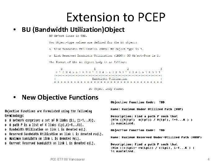 Extension to PCEP • BU (Bandwidth Utilization)Object • New Objective Functions PCE IETF 88