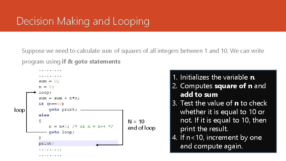 Decision Making and Looping Suppose we need to calculate sum of squares of all