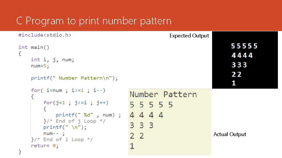 C Program to print number pattern Expected Output Actual Output 