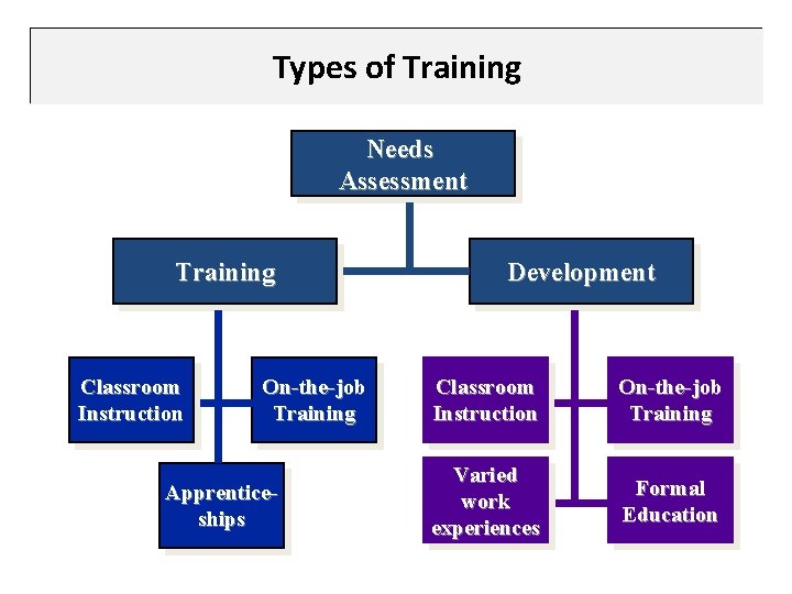 Types of Training Needs Assessment Training Classroom Instruction On-the-job Training Apprenticeships Development Classroom Instruction