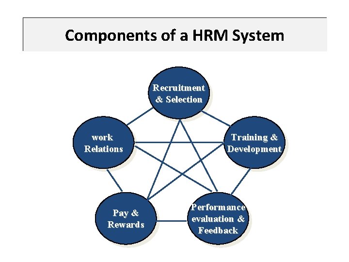 Components of a HRM System Recruitment & Selection work Relations Pay & Rewards Training