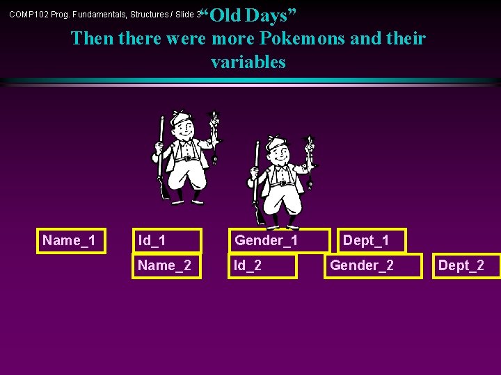 “Old Days” Then there were more Pokemons and their variables COMP 102 Prog. Fundamentals,