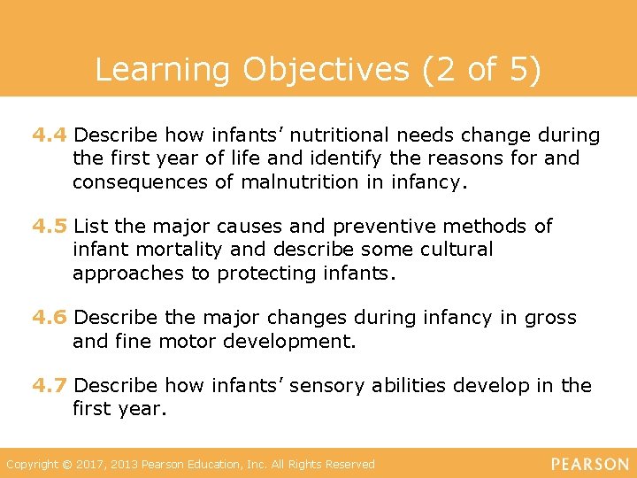 Learning Objectives (2 of 5) 4. 4 Describe how infants’ nutritional needs change during