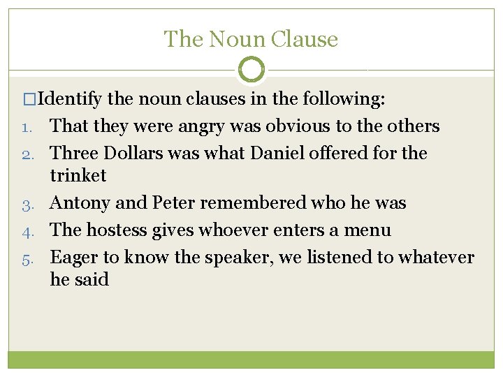 The Noun Clause �Identify the noun clauses in the following: 1. 2. 3. 4.
