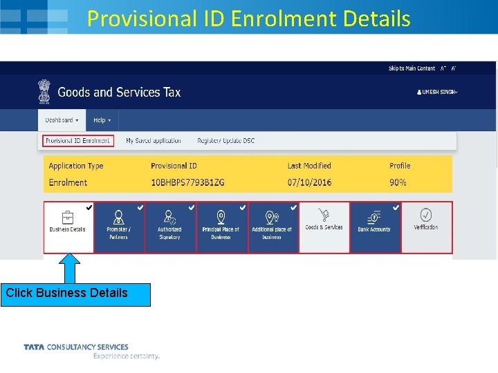 Provisional ID Enrolment Details Click Business Details 