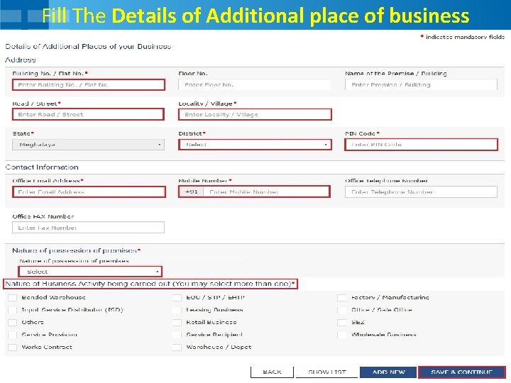 Fill The Details of Additional place of business 