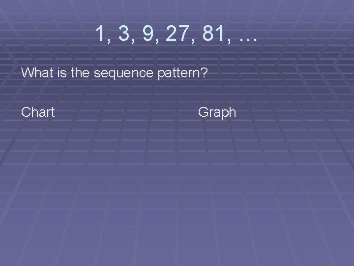 1, 3, 9, 27, 81, … What is the sequence pattern? Chart Graph 