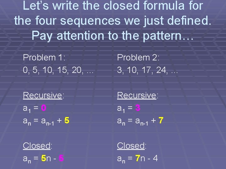 Let’s write the closed formula for the four sequences we just defined. Pay attention