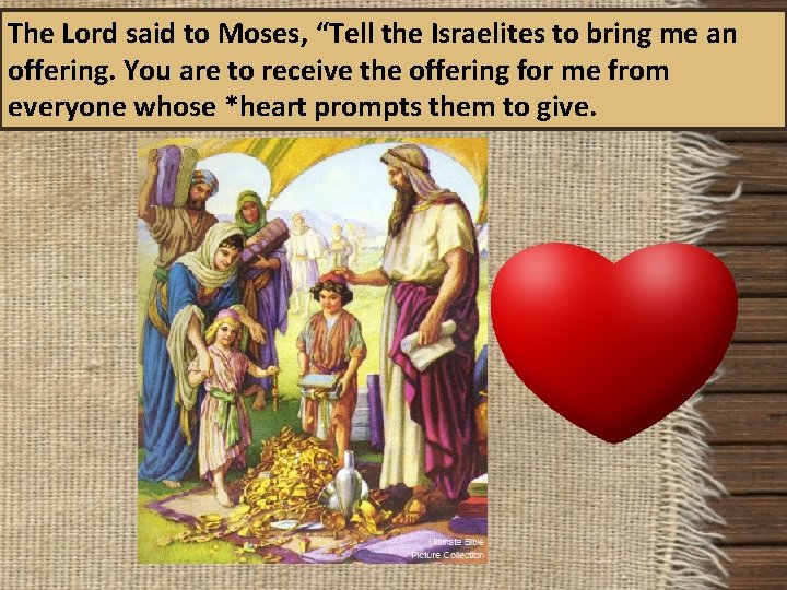 The Lord said to Moses, “Tell the Israelites to bring me an offering. You