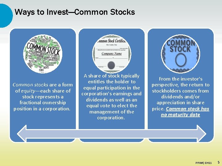 Ways to Invest—Common Stocks Common stocks are a form of equity—each share of stock