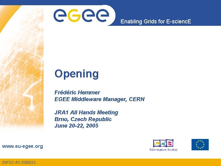 Enabling Grids for E-scienc. E Opening Frédéric Hemmer EGEE Middleware Manager, CERN JRA 1