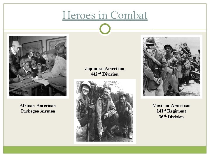 Heroes in Combat Japanese-American 442 nd Division African-American Tuskegee Airmen Mexican-American 141 st Regiment