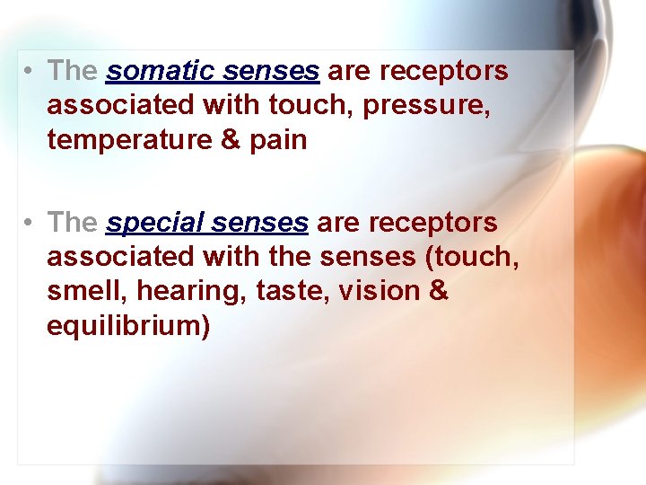  • The somatic senses are receptors associated with touch, pressure, temperature & pain