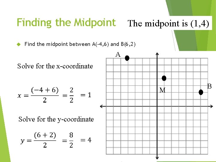 Finding the Midpoint The midpoint is (1, 4) Find the midpoint between A(-4, 6)