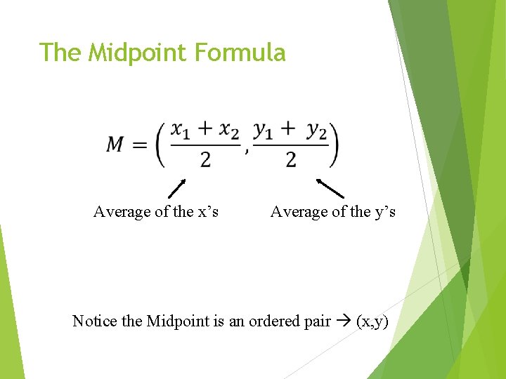 The Midpoint Formula Average of the x’s Average of the y’s Notice the Midpoint